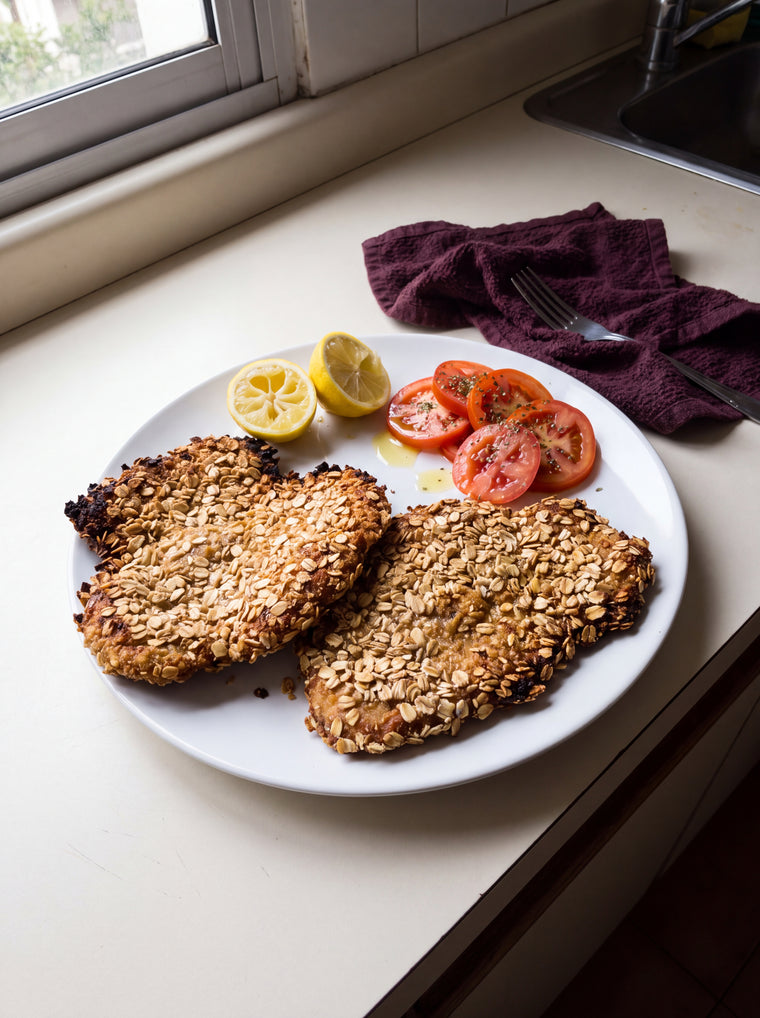 Milanesas de pollo al horno, rebozado crocante de avena
